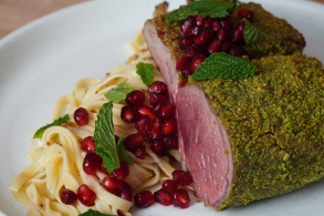 Pistachio-Crusted Aussie Lamb Rack with Mustard Pasta