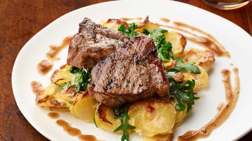 Honey-brined Aussie Lamb T-bones with Roasted Poblano au Gratin Potatoes