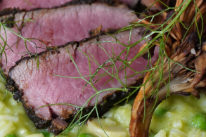 Porcini-Crusted Aussie Lamb Loin with Spring Pea Risotto