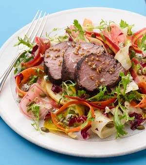 Porcini-rubbed Aussie Grassfed Beef Tenderloin with Rainbow Salad, Maple Mustard, and Pickled Mustard Seeds