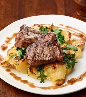 Honey Brined Aussie Lamb T-bones With Roasted Poblano Au Gratin Potatoes, Garlicky Greens, Apple Butter Pan Jus | Aussie Beef & Lamb | Food Service | North America